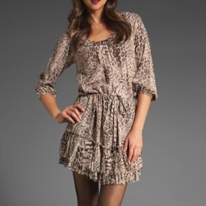 Rebecca Taylor Meow Animal Print 100% Silk Dress Size 10 Ruffle Hem Mob Wife